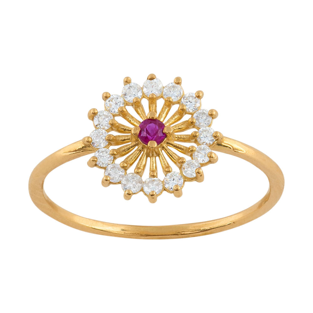 Anel Flor Diamantes e Rubi Ouro 18k 750