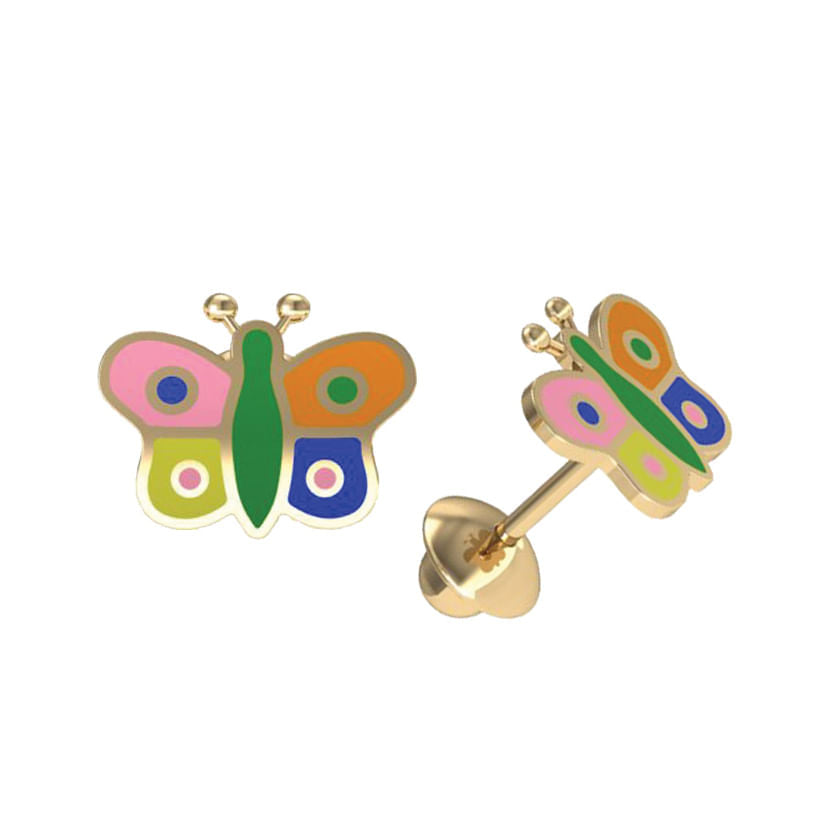 Brinco Borboleta Colorida Ouro 18k 750
