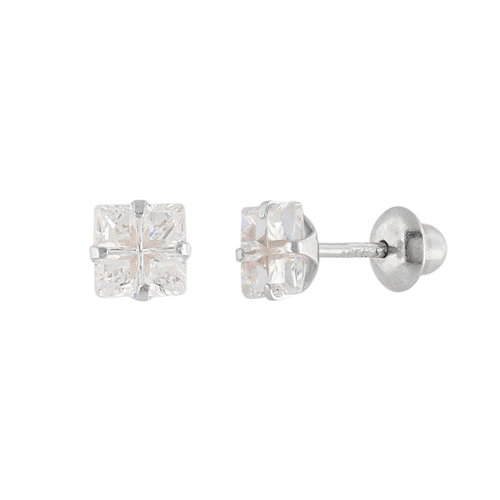 Brinco Infantil Carre Zircônia 4mm Ouro Branco 18k 750