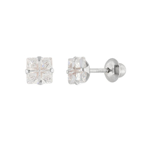 Brinco Infantil Carre Zircônia 4mm Ouro Branco 18k 750