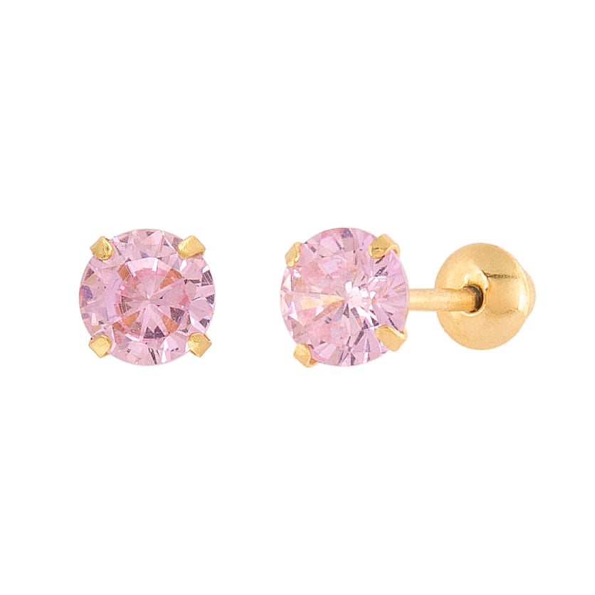 Brinco Infantil Cálice Zircônia Rosa 4mm Ouro 18k 750