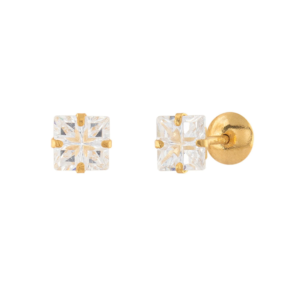 Brinco Infantil Carre Zircônia 4mm Ouro 18k 750