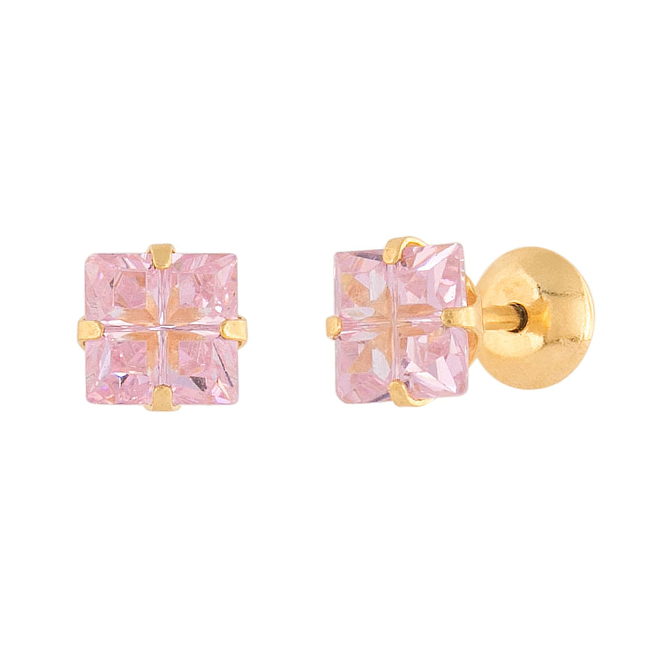 Brinco Infantil Carre Zircônia Rosa 4mm Ouro 18k 750