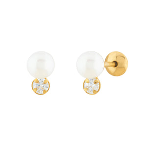 Brinco Infantil Pérola e Zircônia Ouro 18k 750
