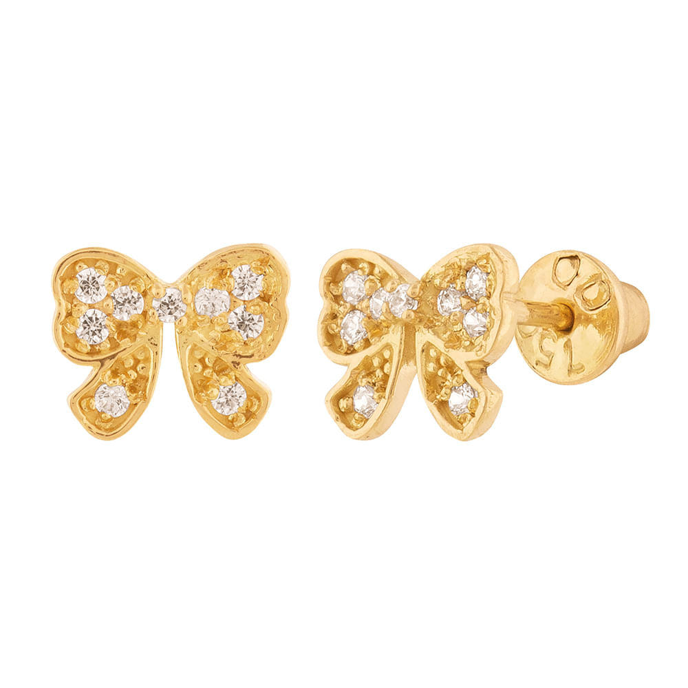 Brinco Lacinho com Zircônias Ouro 18k 750