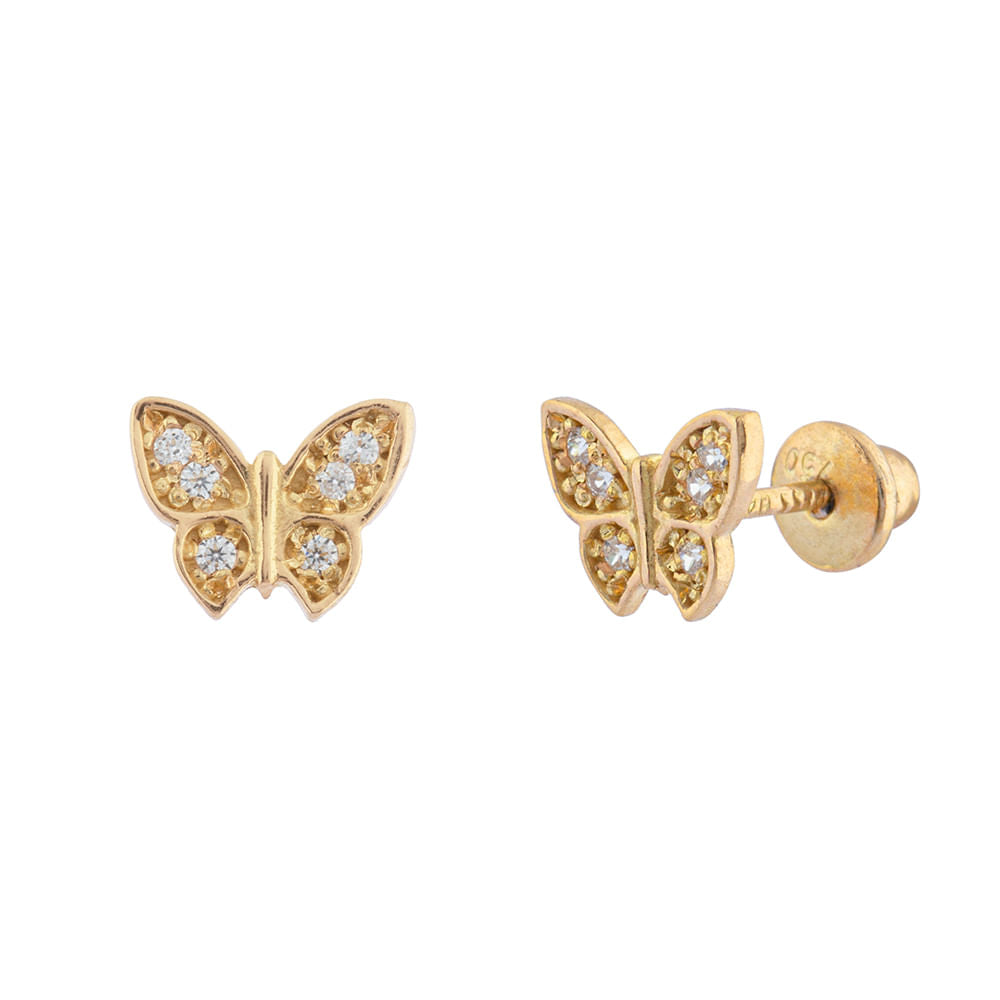 Brinco Borboleta com Zircônias Ouro 18k 750