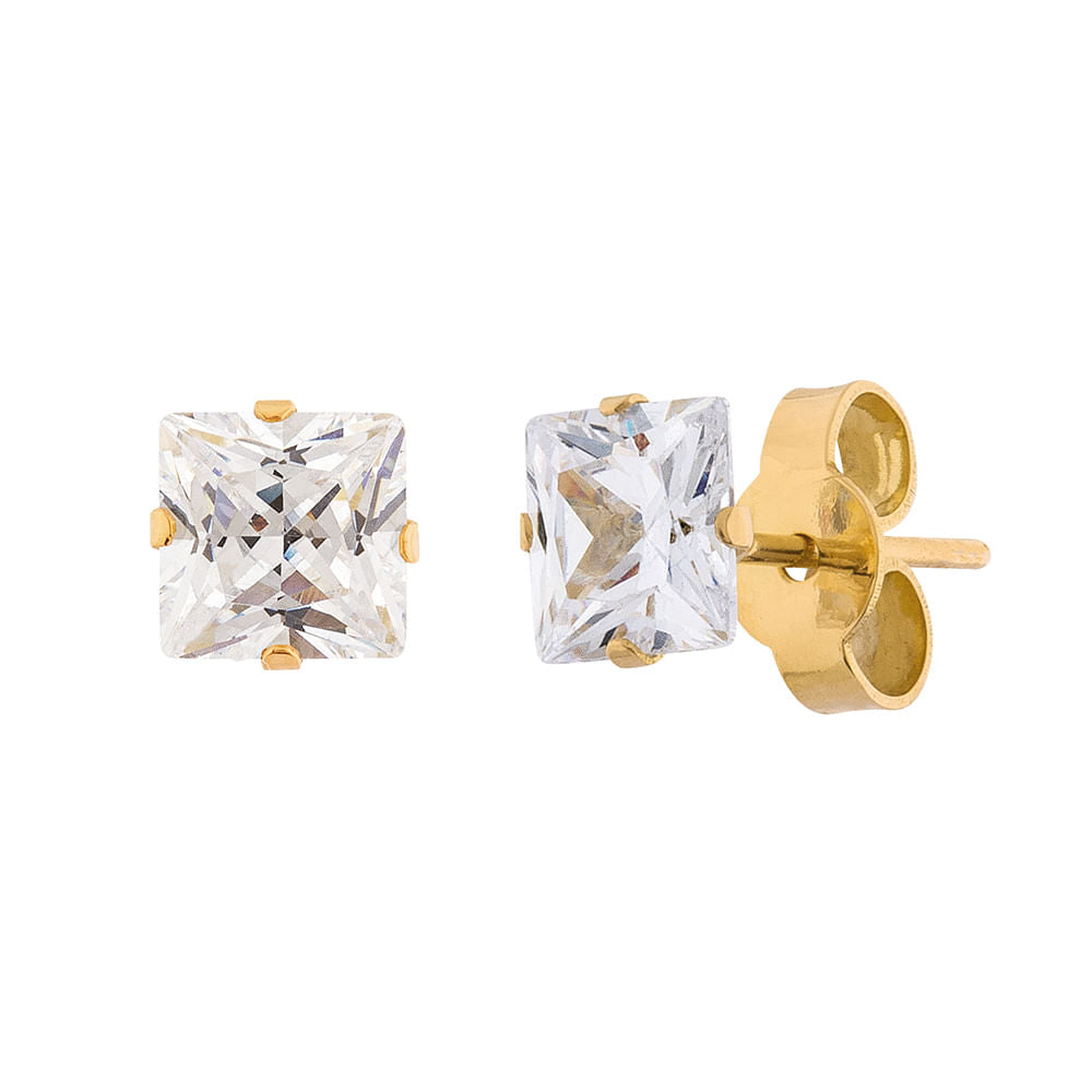 Brinco Carre Ouro 18k 750 e Zircônia 5mm