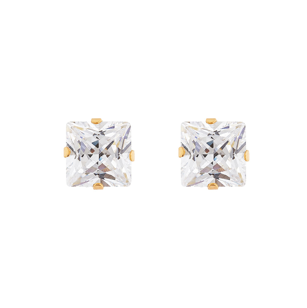 Brinco Carre Ouro 18k 750 e Zircônia 6mm
