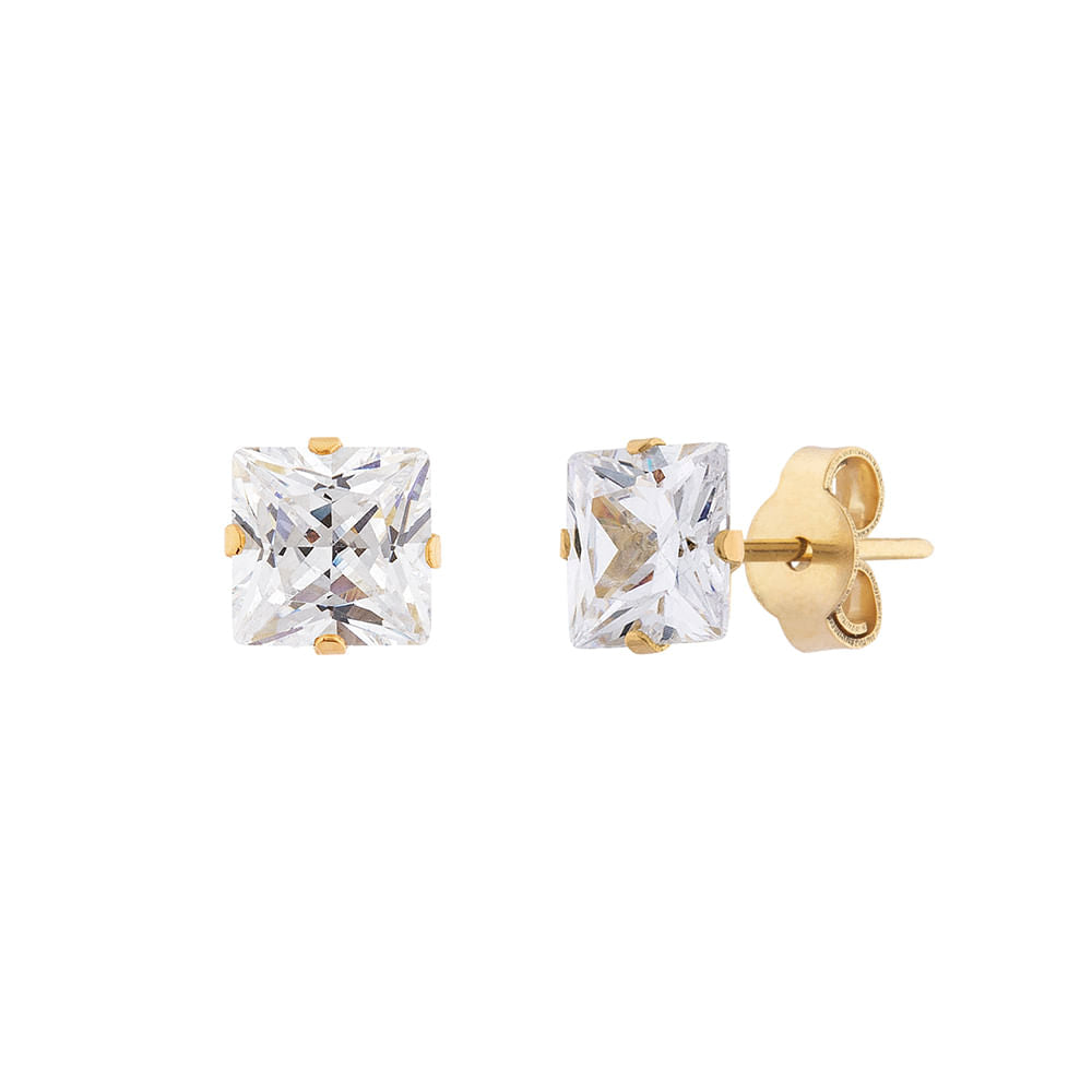 Brinco Carre Ouro 18k 750 e Zircônia 6mm