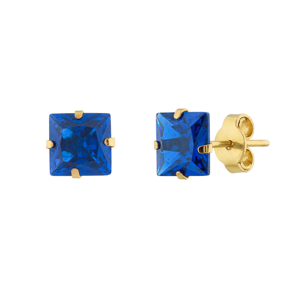 Brinco Carre Ouro 18k 750 e Safira Sintética 6mm