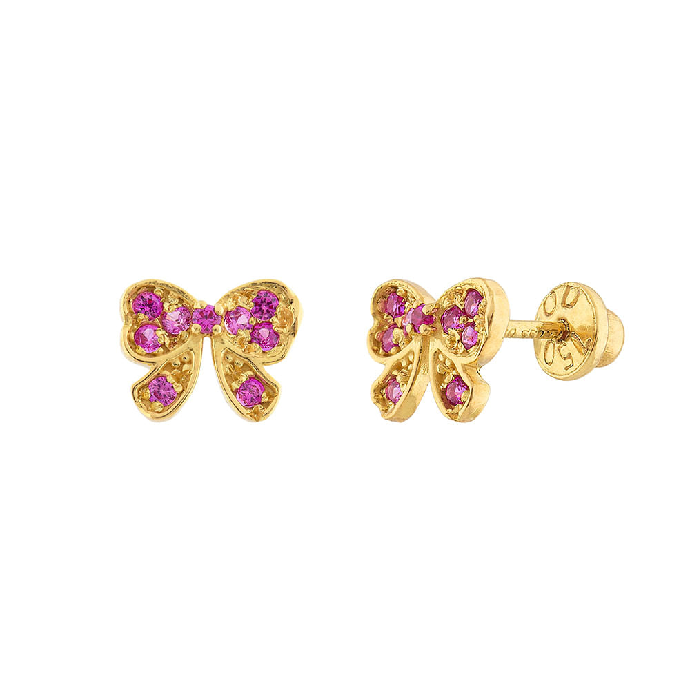 Brinco Lacinho com Rubis Sintéticos Ouro 18k 750