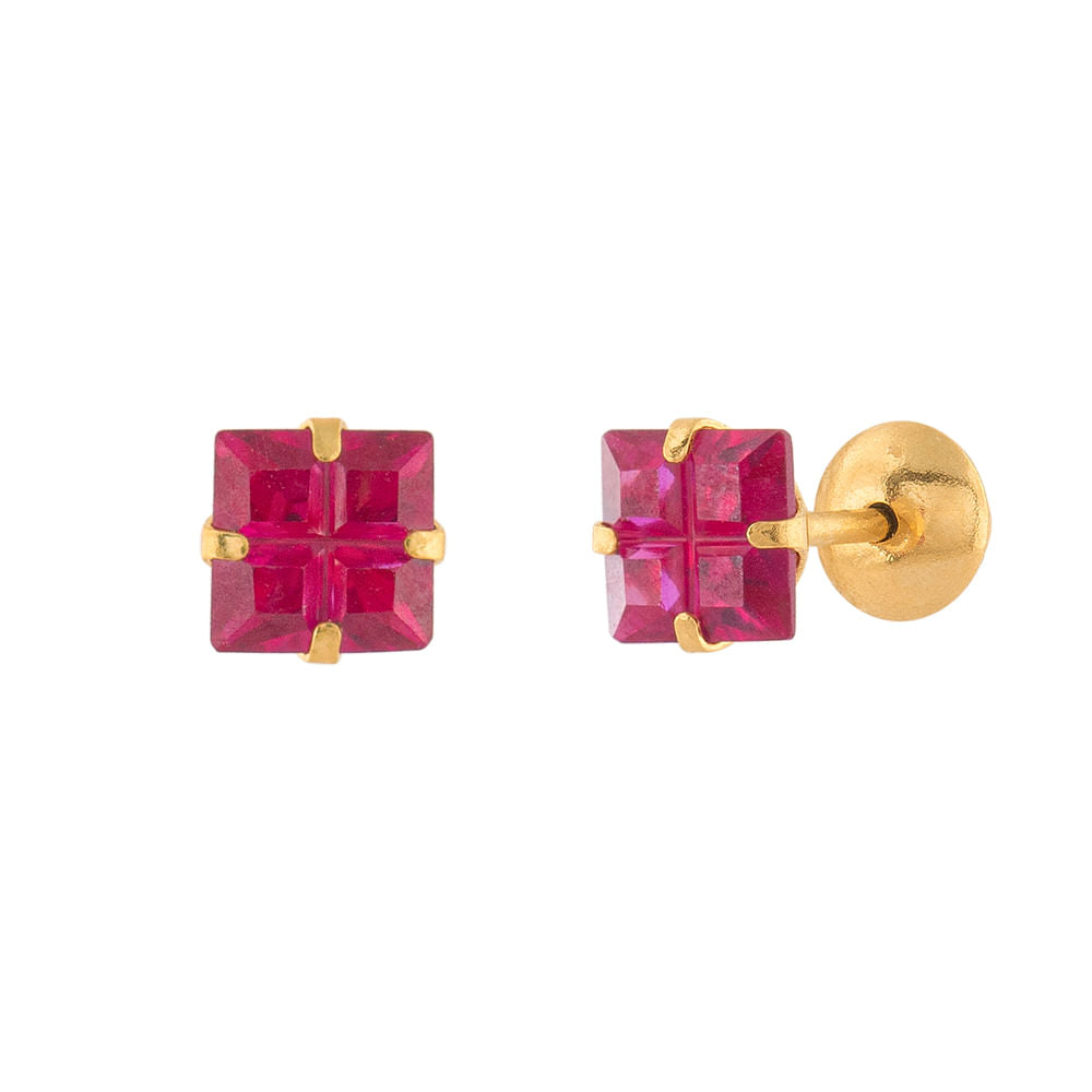 Brinco Infantil Carre Zircônia Vermelha 4mm Ouro 18k 750