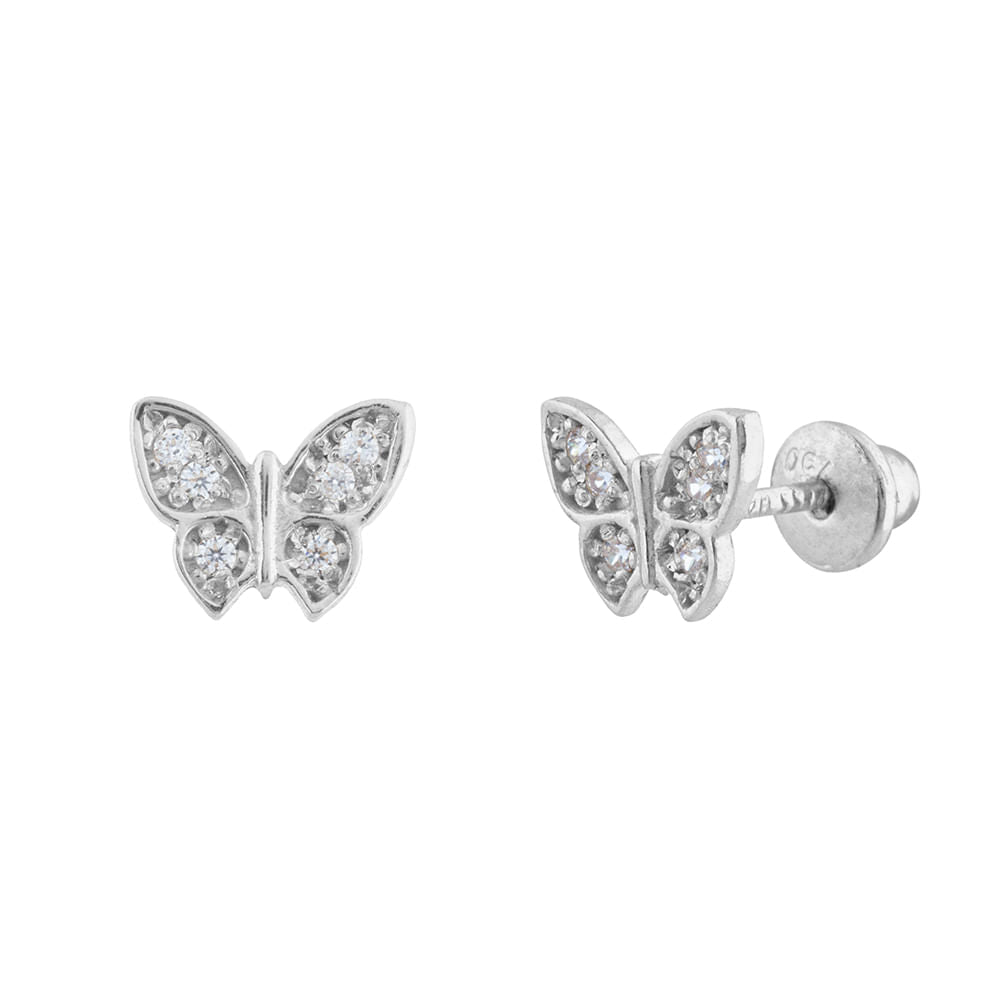 Brinco Borboleta Zircônias Ouro Branco 18k 750