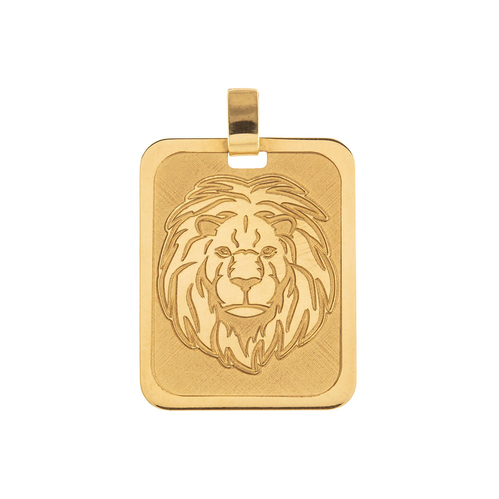 Pingente Placa Leão Fosco e Liso Ouro 18k 750
