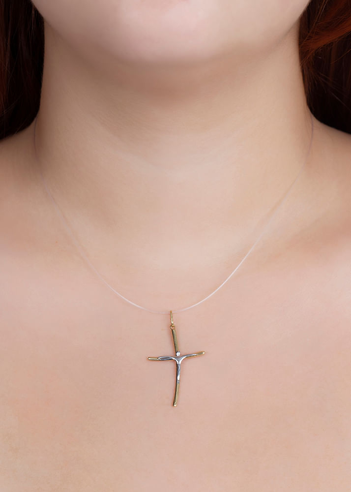Pingente Crucifixo Palito Bicolor Ouro 18k 750