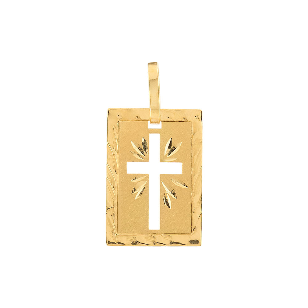 Pingente Placa Cruz Fosco e Liso Ouro 18k 750