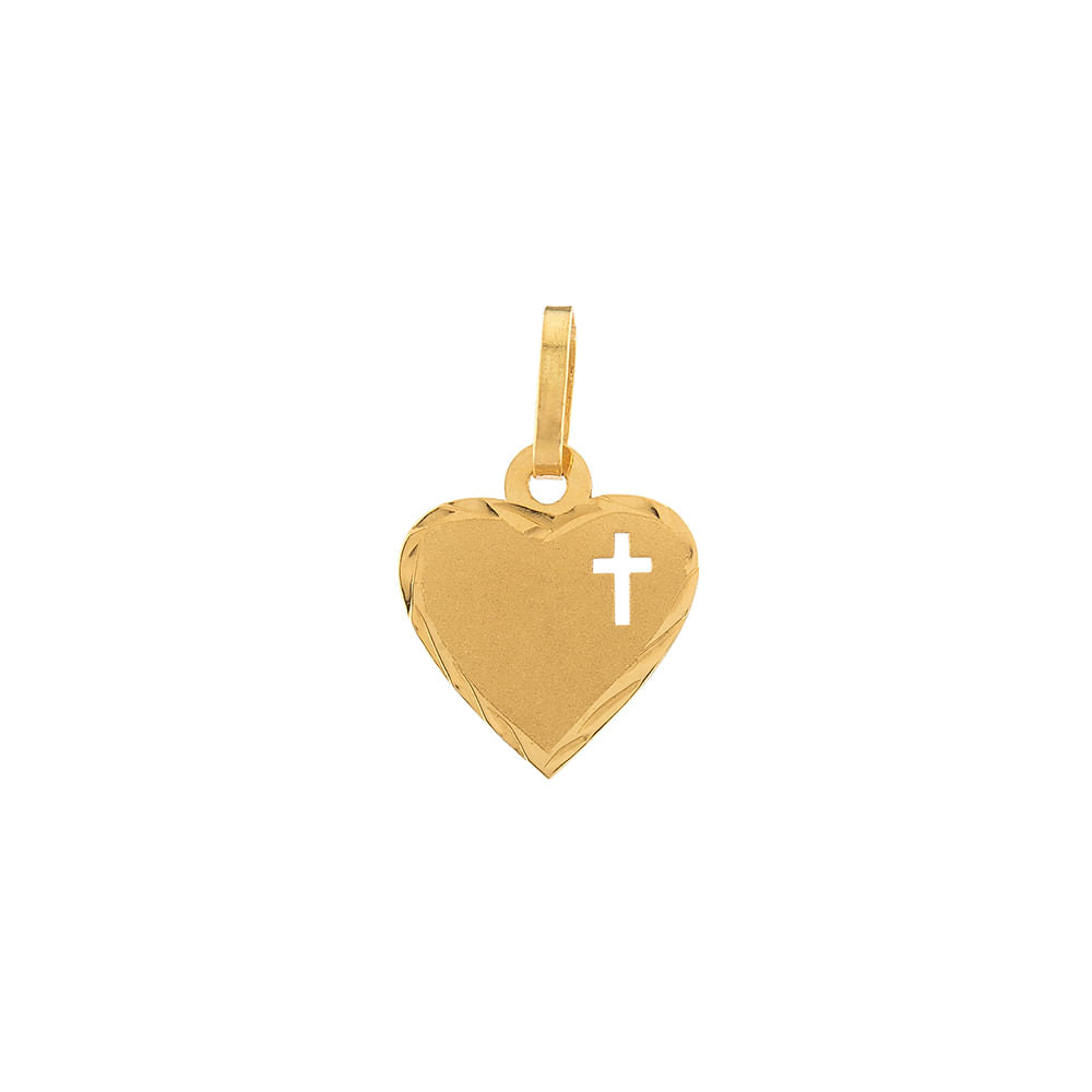 Pingente Coração Diamantado Cruz Fosco e Liso Ouro 18k 750