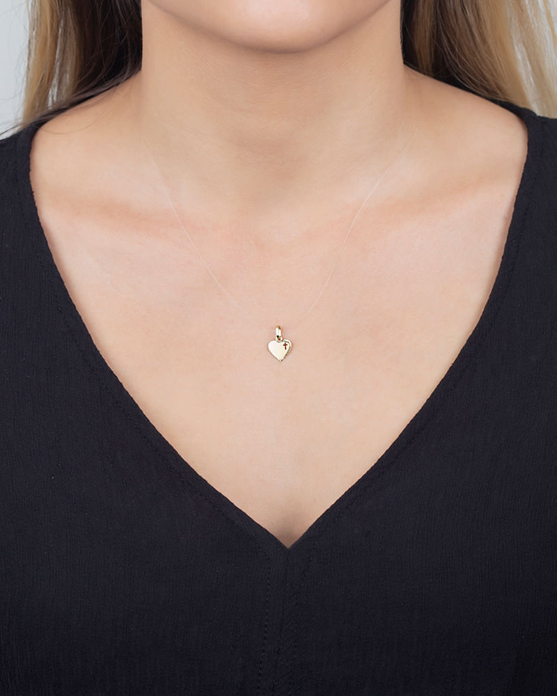 Pingente Coração Diamantado Cruz Fosco e Liso Ouro 18k 750