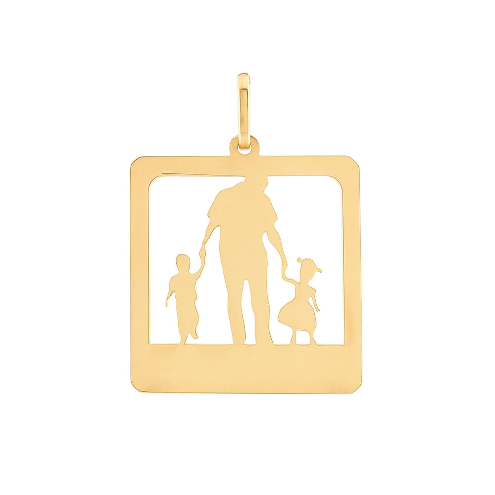 Pingente Placa Vazada Pai Filho e Filha Ouro 18k 750