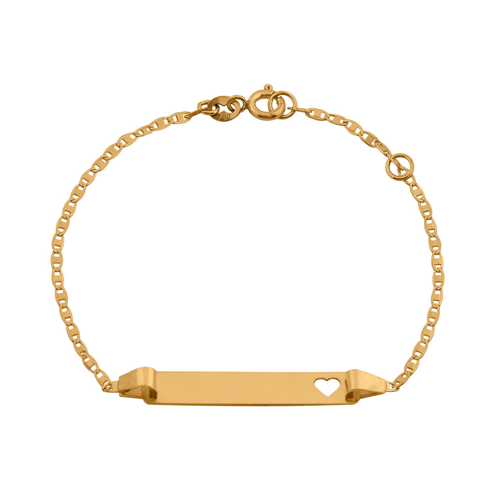 Pulseira Infantil Chapa Personalizável Coração Ouro 18k 750
