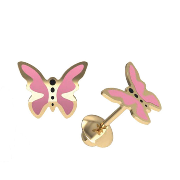 Brinco Borboleta Rosa Esmaltado Ouro 18k 750
